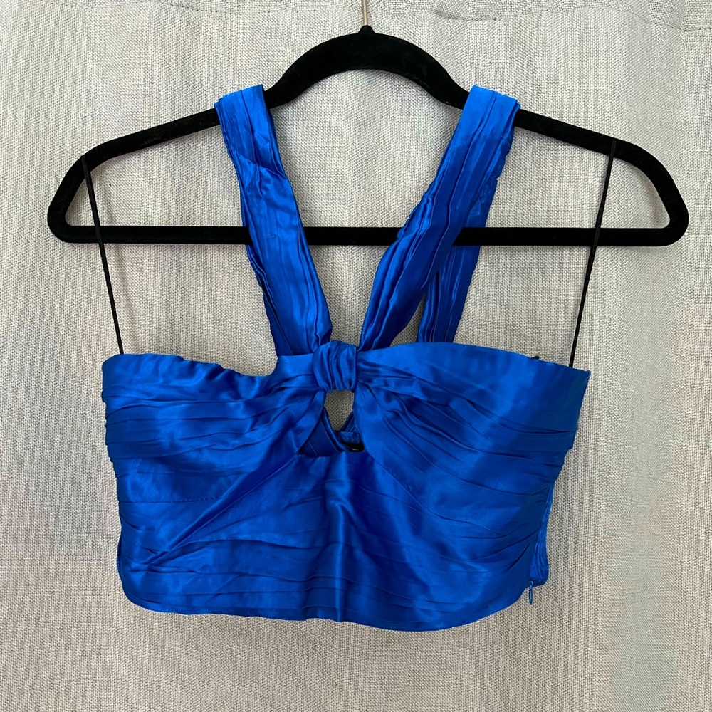 Blue Satin Zara Halter Crop Top w Ribbed Detailing